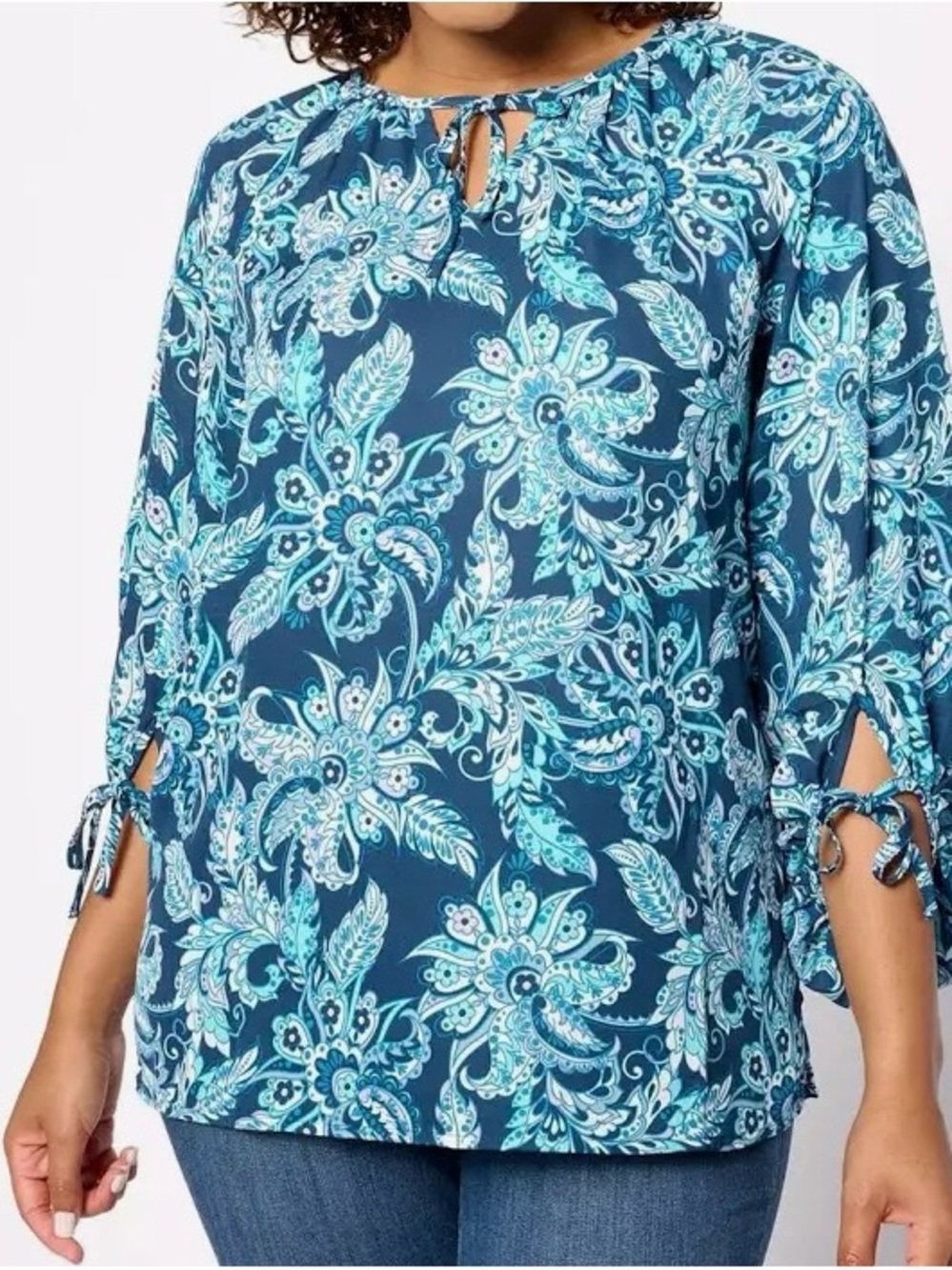 Belle by Kim Gravel Navy and Teal Floral Tie-Sleeve Blouse
